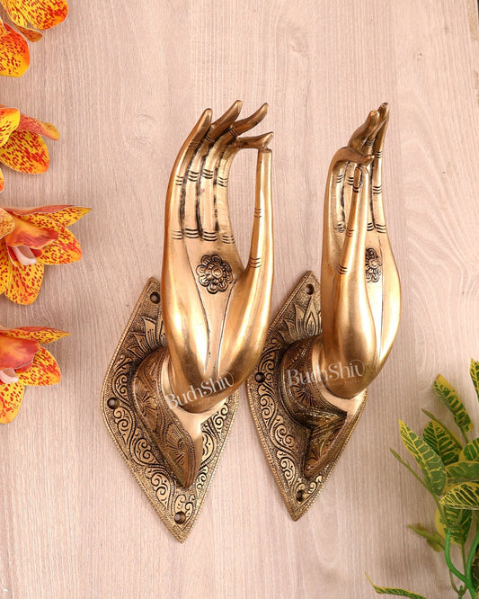 Brass Pair of Hands Door Handles / Wall Hangings – Traditional Decorative Hardware Set (10.5 Inches) - Budhshiv.com
