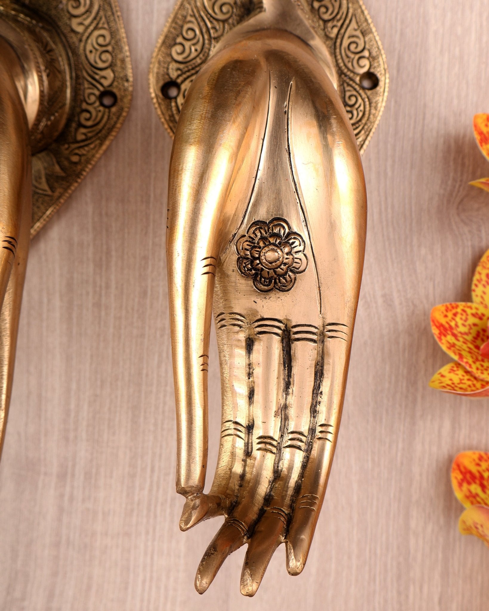 Brass Pair of Hands Door Handles / Wall Hangings – Traditional Decorative Hardware Set (10.5 Inches) - Budhshiv.com