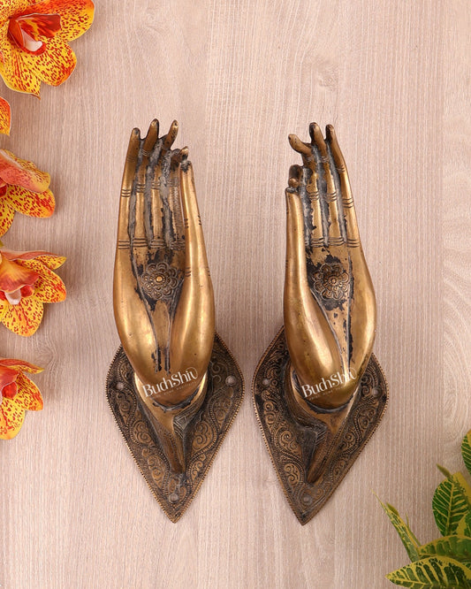 Brass Pair of Hands Door Handles / Wall Hangings – Vintage Finish Decorative Hardware Set (10.5 Inches) - Budhshiv.com