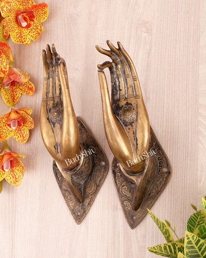 Brass Pair of Hands Door Handles / Wall Hangings – Vintage Finish Decorative Hardware Set (10.5 Inches) - Budhshiv.com