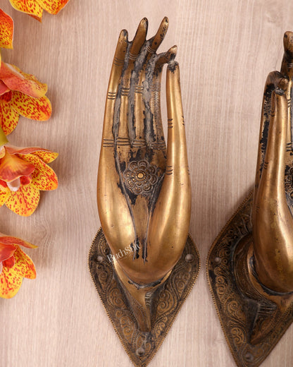 Brass Pair of Hands Door Handles / Wall Hangings – Vintage Finish Decorative Hardware Set (10.5 Inches) - Budhshiv.com