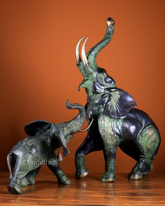 Brass Pair of Mother & Baby African Elephants – Vintage Artefact Showpiece 28.5 inch - Budhshiv.com