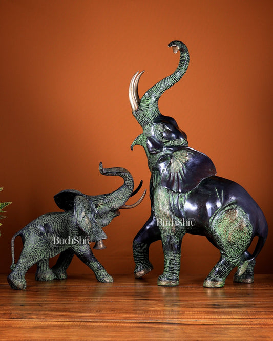 Brass Pair of Mother & Baby African Elephants – Vintage Artefact Showpiece 28.5 inch - Budhshiv.com