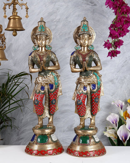 Brass Pair of Namaste Lady – Traditional Welcome Statues 28.5 inch with Stonework - Budhshiv.com
