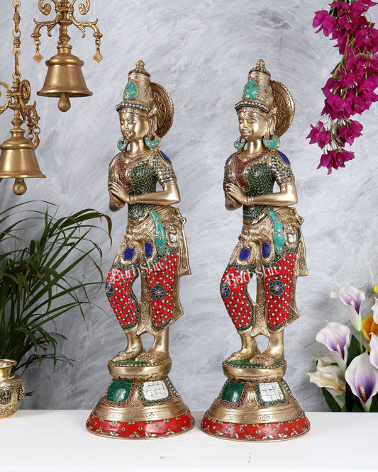 Brass Pair of Namaste Lady – Traditional Welcome Statues 28.5 inch with Stonework - Budhshiv.com