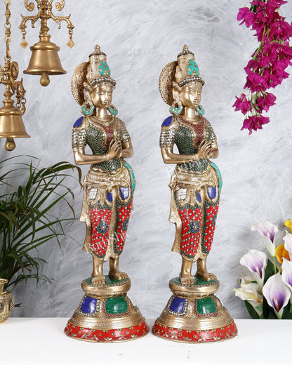 Brass Pair of Namaste Lady – Traditional Welcome Statues 28.5 inch with Stonework - Budhshiv.com