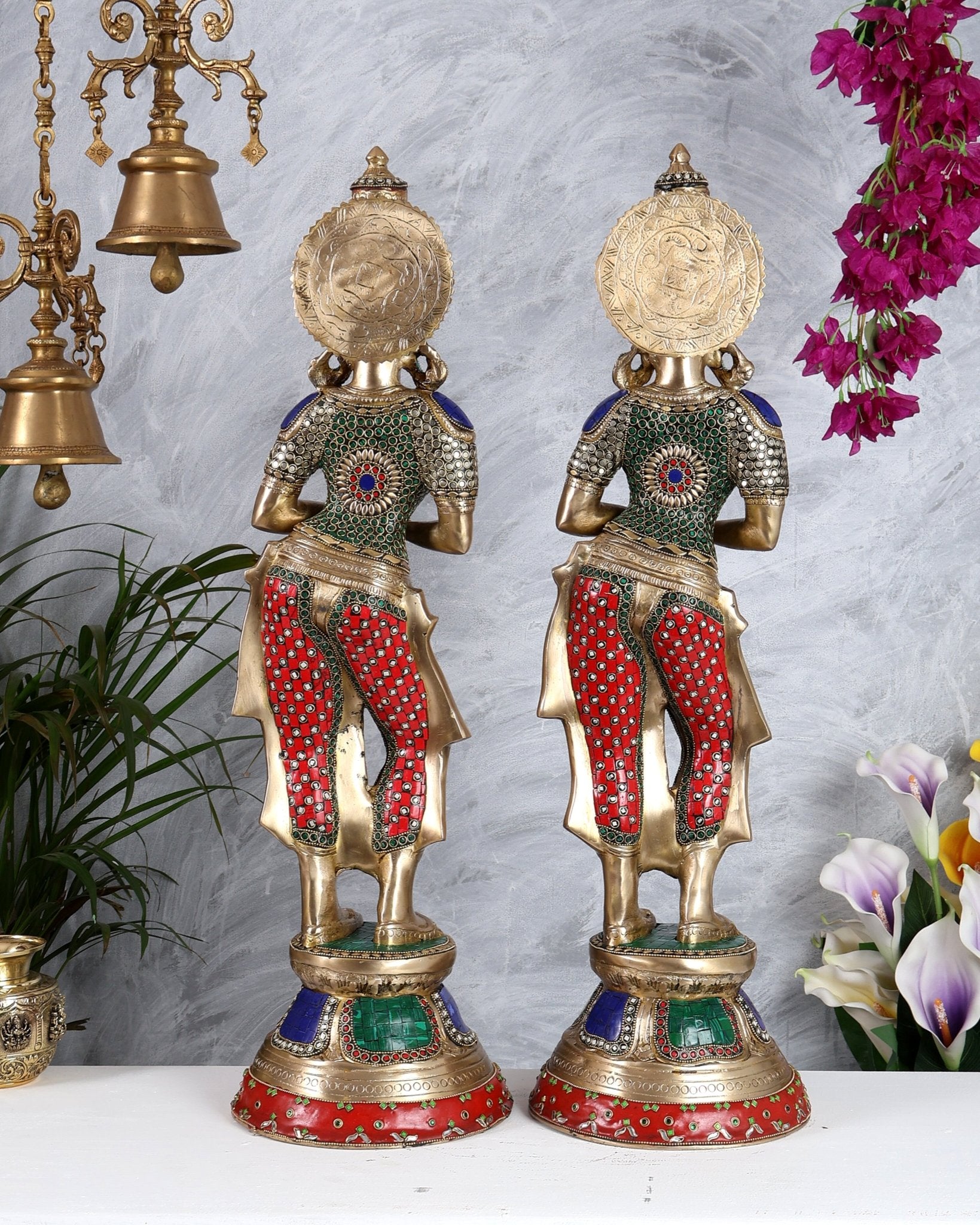 Brass Pair of Namaste Lady – Traditional Welcome Statues 28.5 inch with Stonework - Budhshiv.com