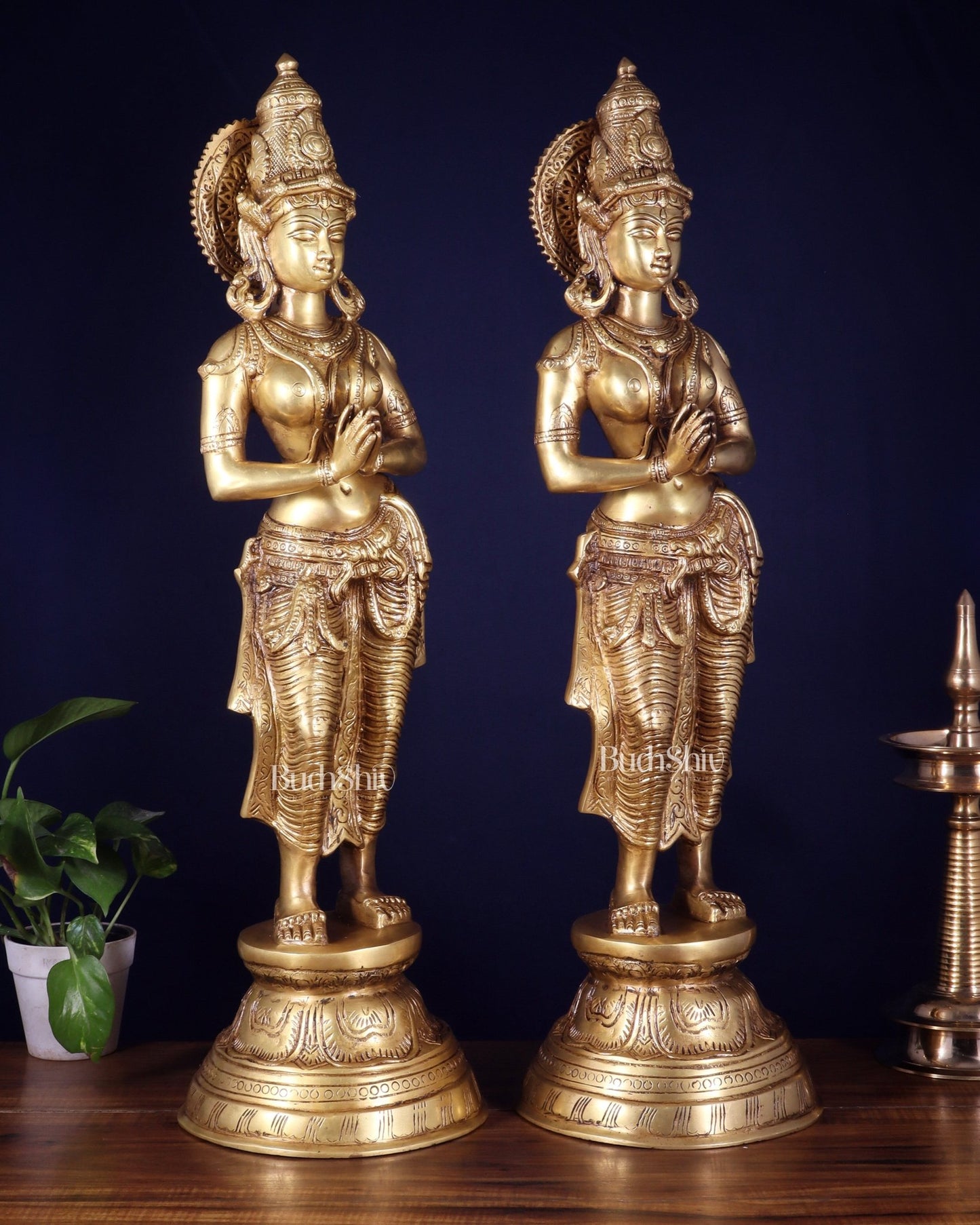 Brass Pair of Namaste Lady – Traditional Welcome Statues 28.5 inch - Budhshiv.com