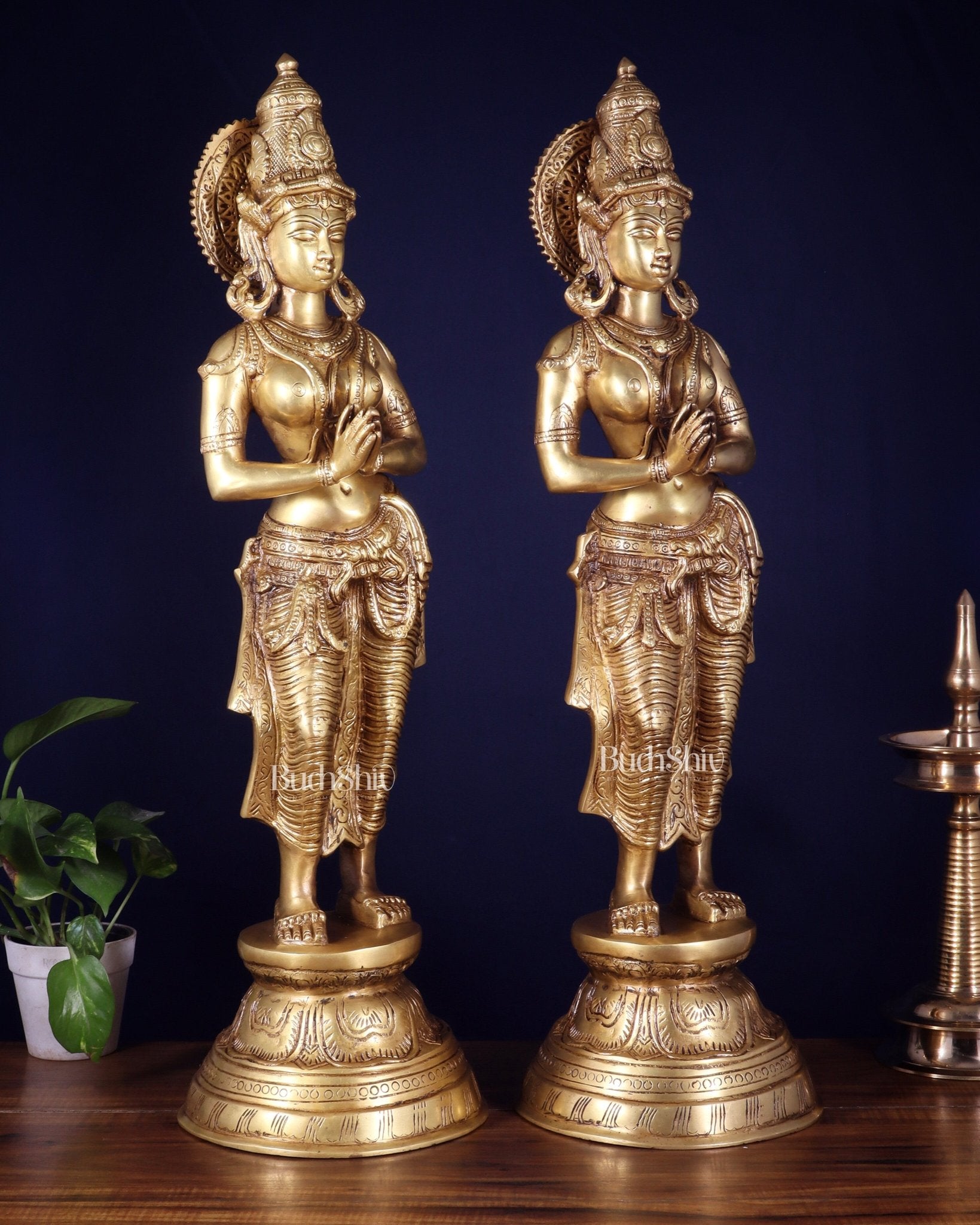 Brass Pair of Namaste Lady – Traditional Welcome Statues 28.5 inch - Budhshiv.com