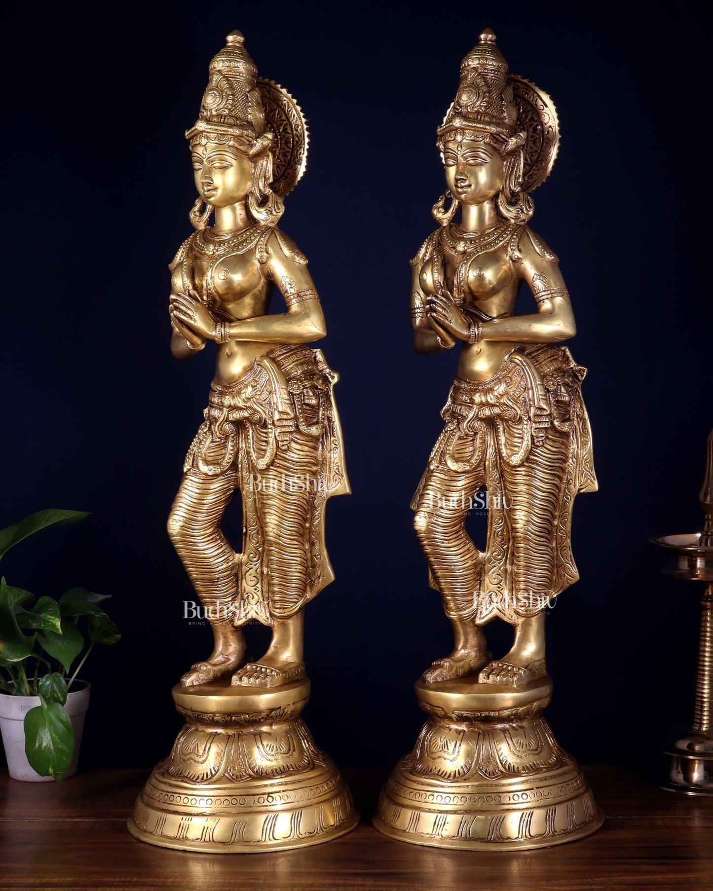 Brass Pair of Namaste Lady – Traditional Welcome Statues 28.5 inch - Budhshiv.com