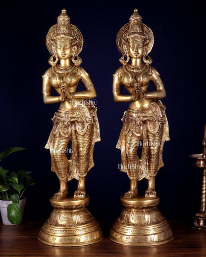 Brass Pair of Namaste Lady – Traditional Welcome Statues 28.5 inch - Budhshiv.com
