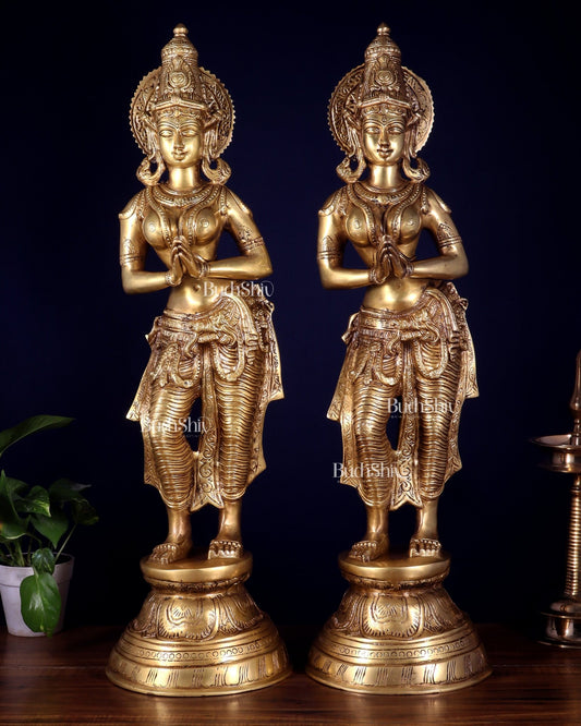 Brass Pair of Namaste Lady – Traditional Welcome Statues 28.5 inch - Budhshiv.com