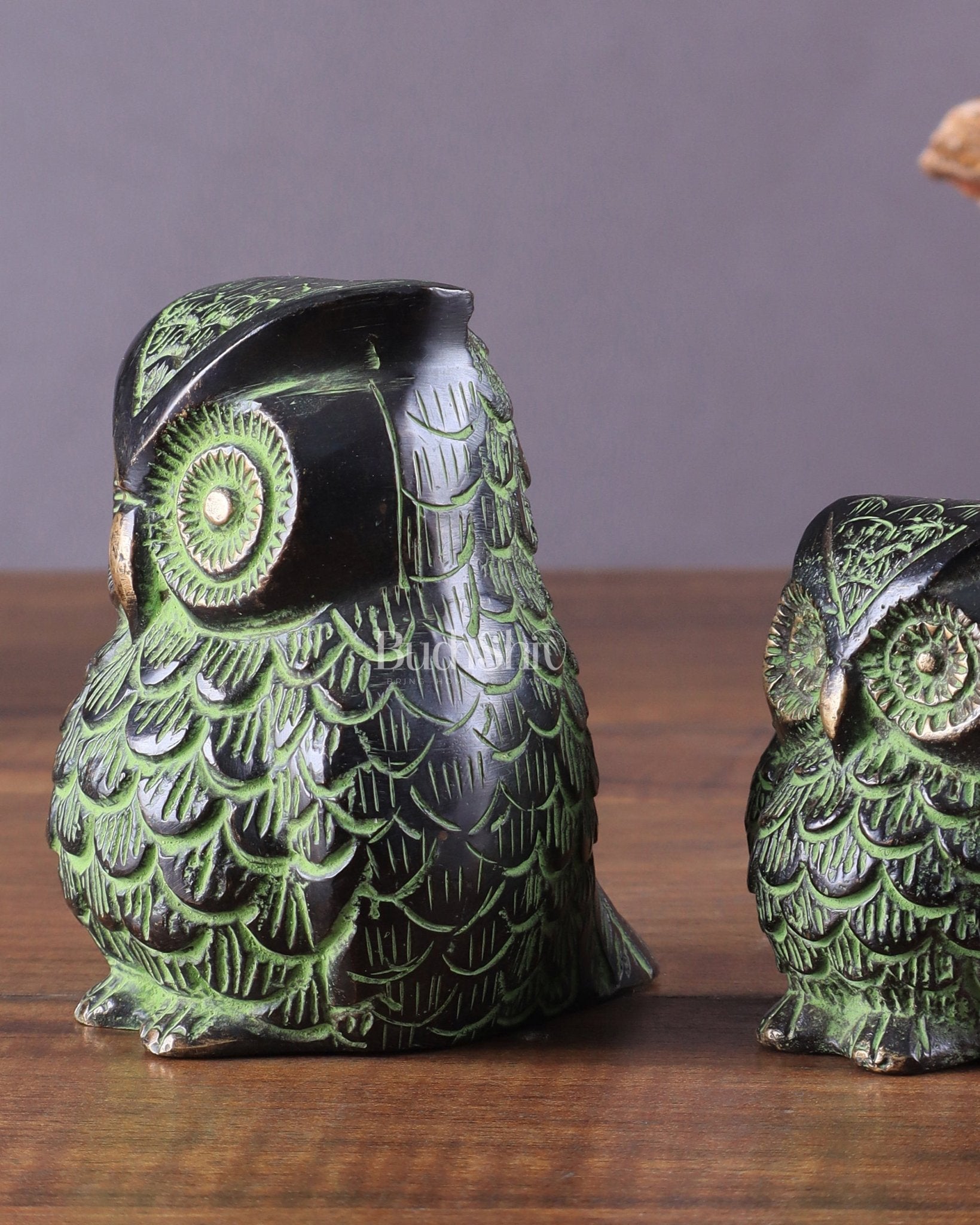 Brass Pair of Owl Showpieces – Vastu and Feng Shui Recommended Décor black green tone - Budhshiv.com