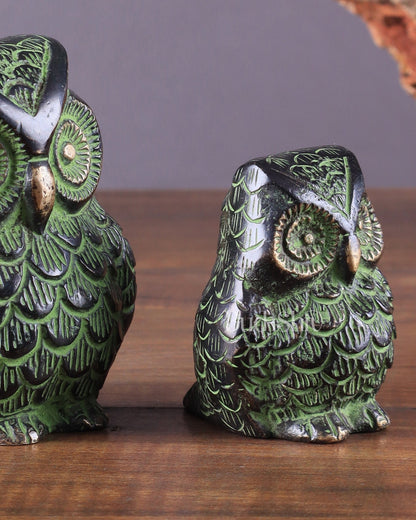 Brass Pair of Owl Showpieces – Vastu and Feng Shui Recommended Décor black green tone - Budhshiv.com