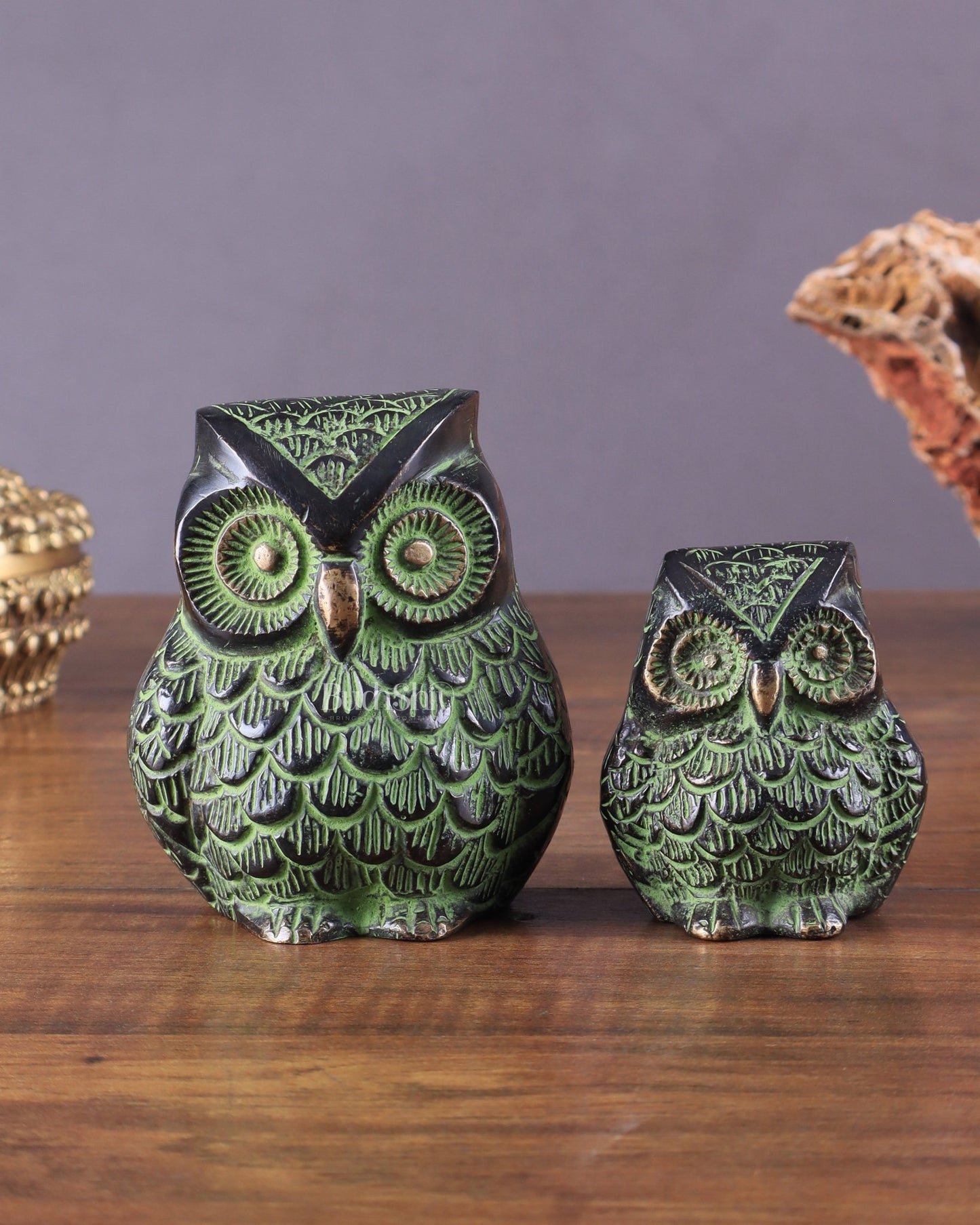 Brass Pair of Owl Showpieces – Vastu and Feng Shui Recommended Décor black green tone - Budhshiv.com