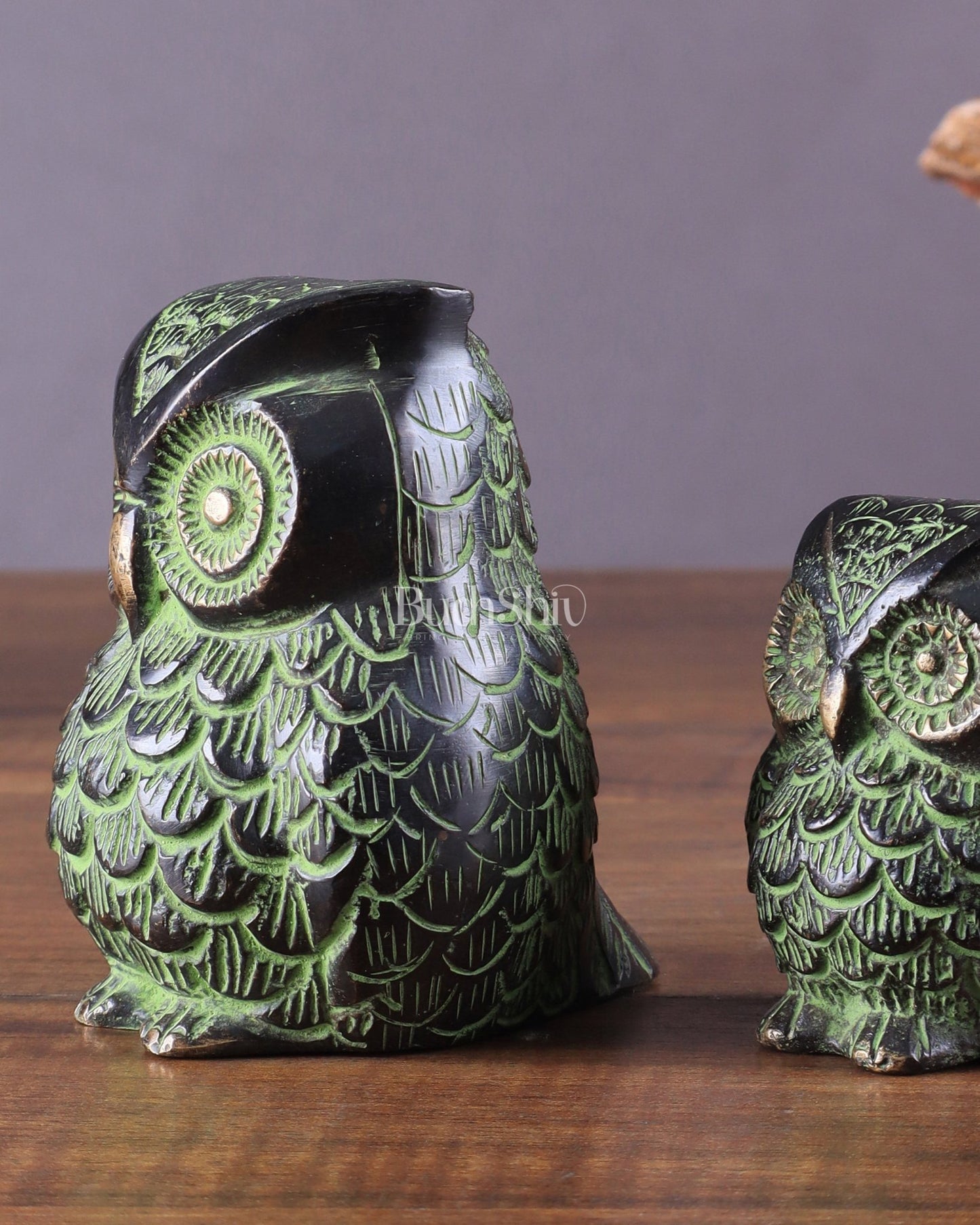 Brass Pair of Owl Showpieces – Vastu and Feng Shui Recommended Décor black green tone - Budhshiv.com