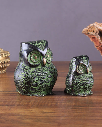 Brass Pair of Owl Showpieces – Vastu and Feng Shui Recommended Décor black green tone - Budhshiv.com