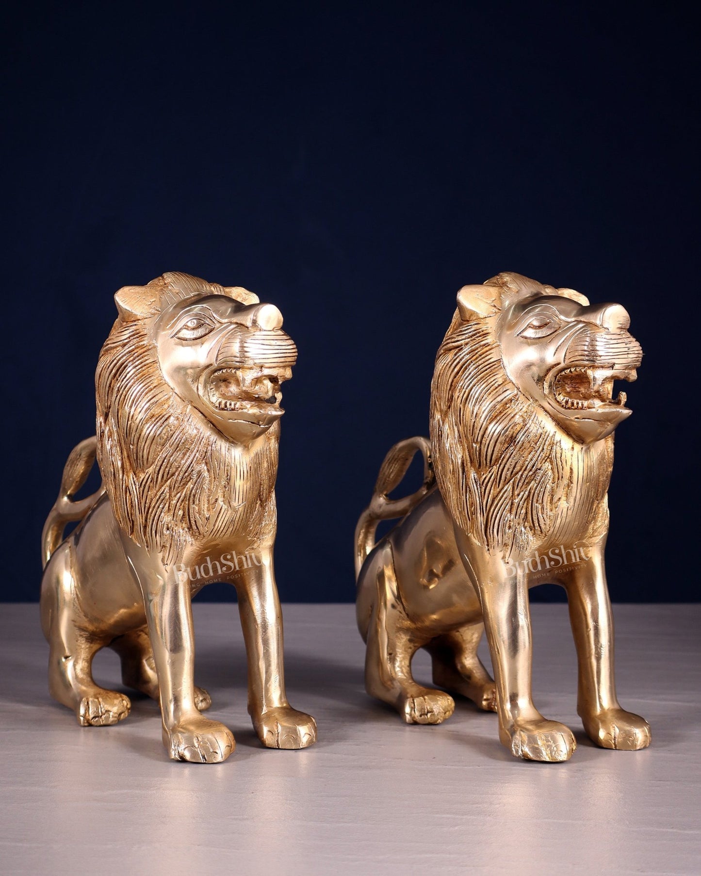 Brass Pair of Sitting Roaring Lion Showpieces – Vastu & Feng Shui Recommended - Budhshiv.com