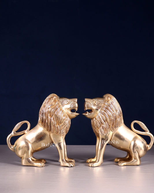 Brass Pair of Sitting Roaring Lion Showpieces – Vastu & Feng Shui Recommended - Budhshiv.com
