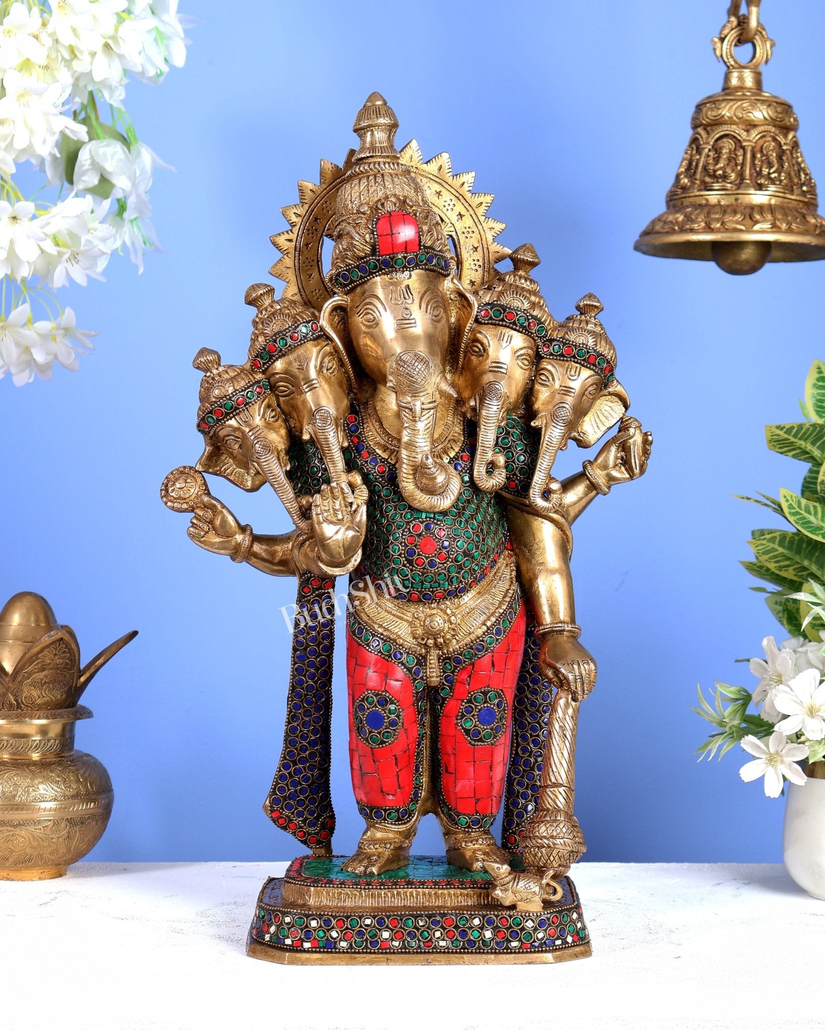 Brass Panchmukhi Ganesha Statue five faced Ganesha - 20 Inch - Budhshiv.com