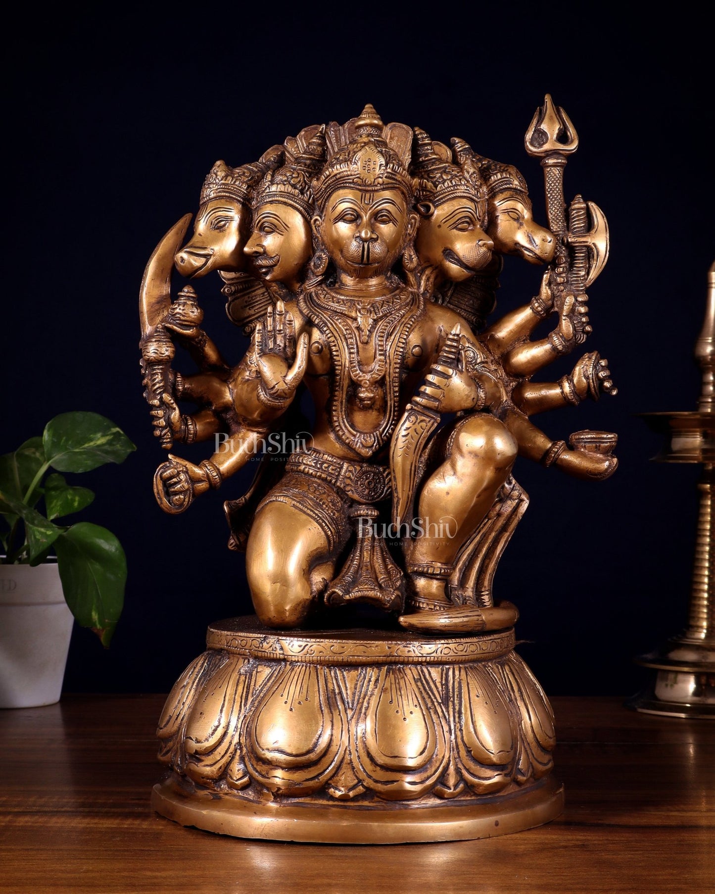 Brass Panchmukhi Hanuman 13" antique tone - Budhshiv.com