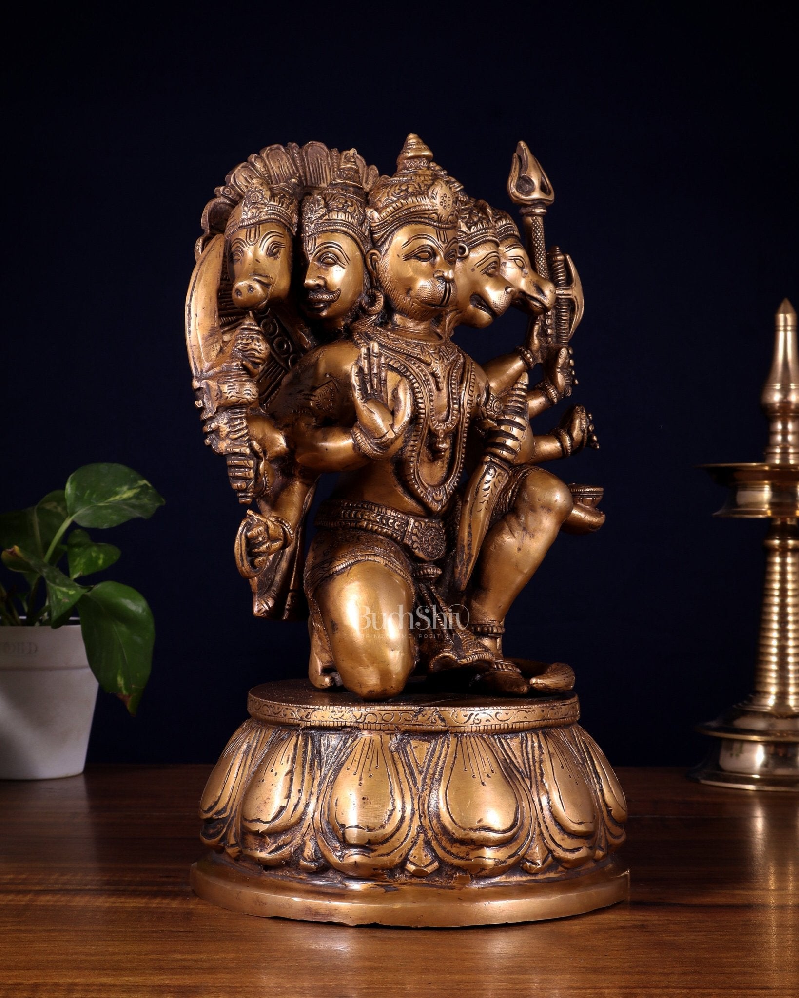 Brass Panchmukhi Hanuman 13" antique tone - Budhshiv.com