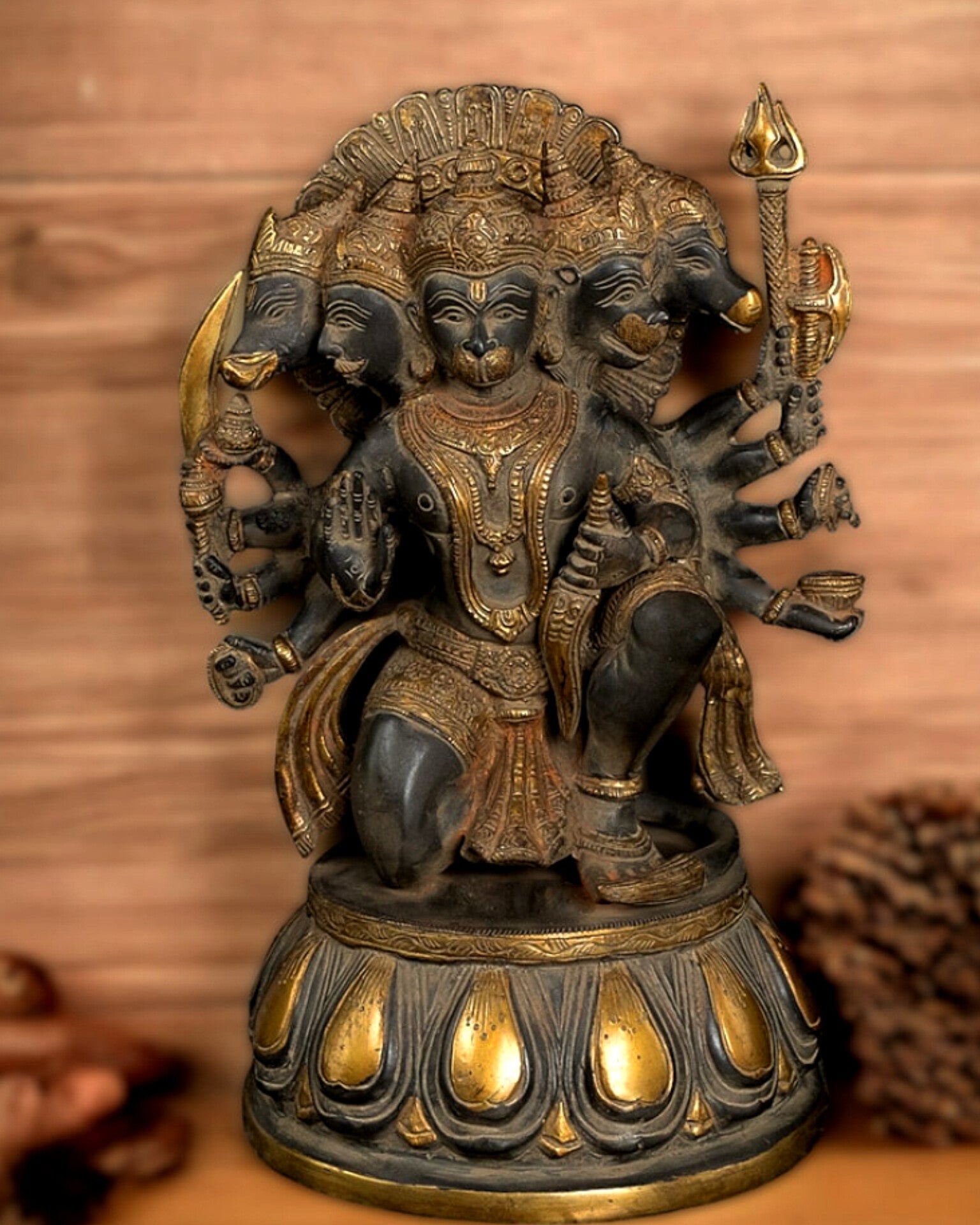 Brass Panchmukhi Hanuman 13" sandstone finish - Budhshiv.com