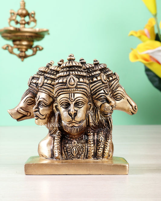 Brass Panchmukhi Hanuman Bust Table Top Idol – 4.2 Inch Auspicious Artefact - Budhshiv.com