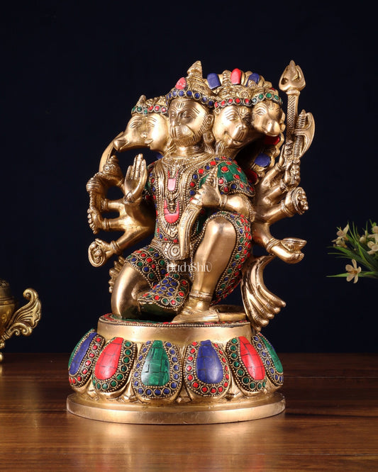 Brass Panchmukhi Hanuman idol 13" meenakari Stonework - Budhshiv.com