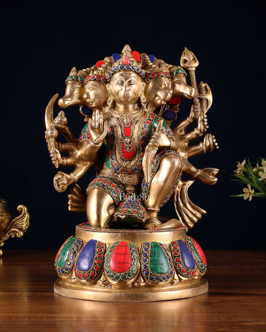 Brass Panchmukhi Hanuman idol 13" meenakari Stonework - Budhshiv.com