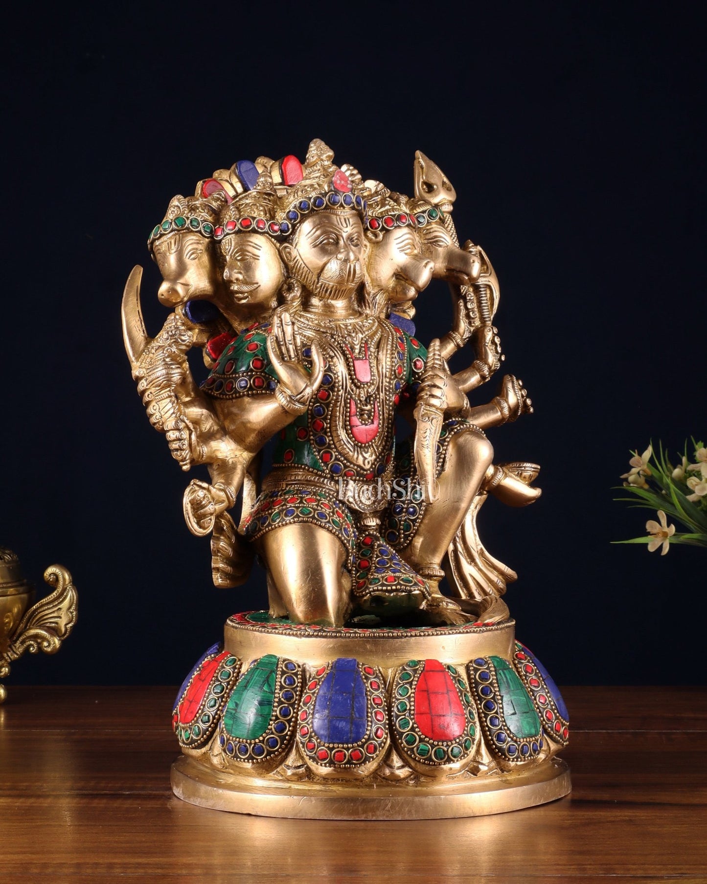Brass Panchmukhi Hanuman idol 13" meenakari Stonework - Budhshiv.com