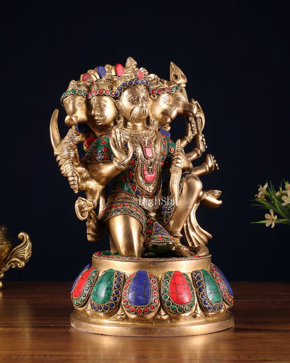 Brass Panchmukhi Hanuman idol 13" meenakari Stonework - Budhshiv.com
