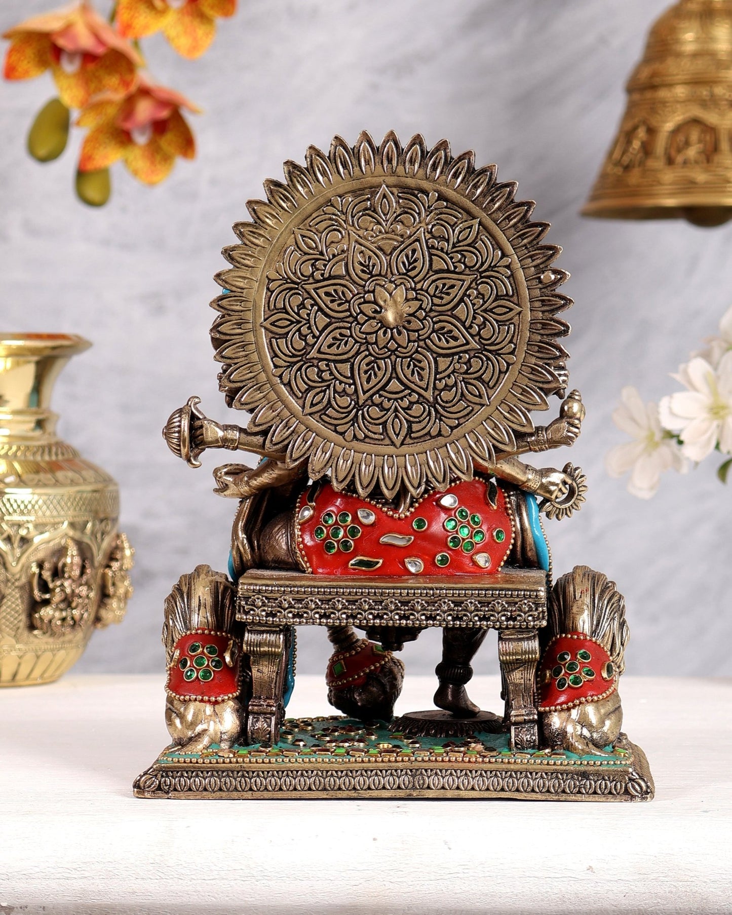 Brass Panchmukhi Hanuman Idol Sitting on Throne intricate 8 inch meenakari - Budhshiv.com