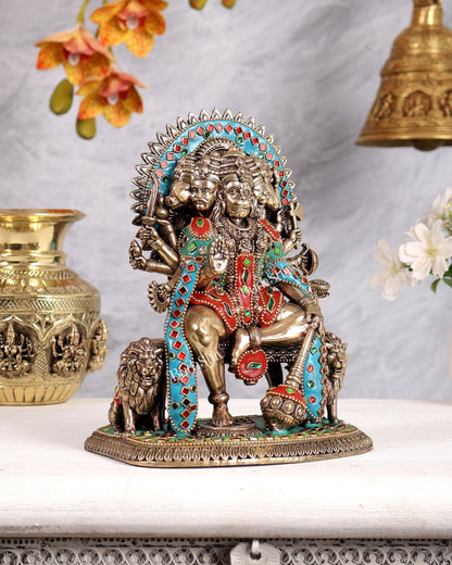 Brass Panchmukhi Hanuman Idol Sitting on Throne intricate 8 inch meenakari - Budhshiv.com