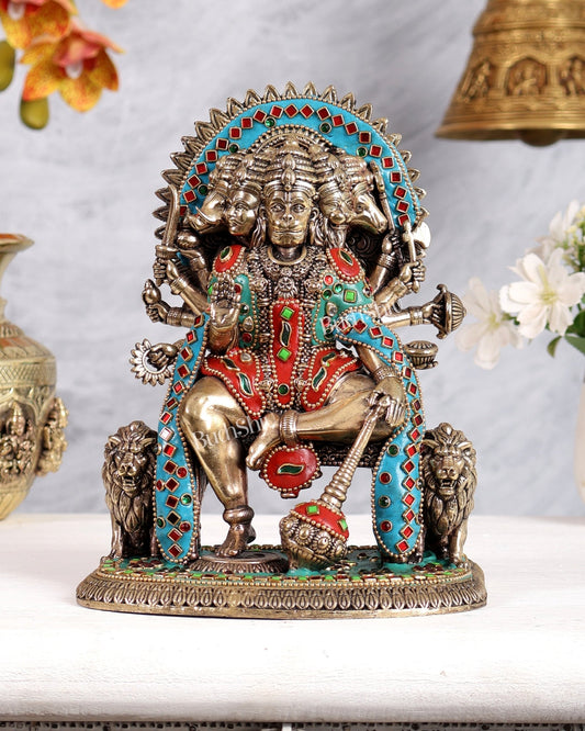 Brass Panchmukhi Hanuman Idol Sitting on Throne intricate 8 inch meenakari - Budhshiv.com