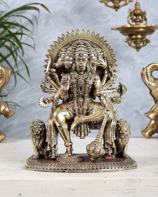 Brass Panchmukhi Hanuman Idol Sitting on Throne intricate 8 inch - Budhshiv.com