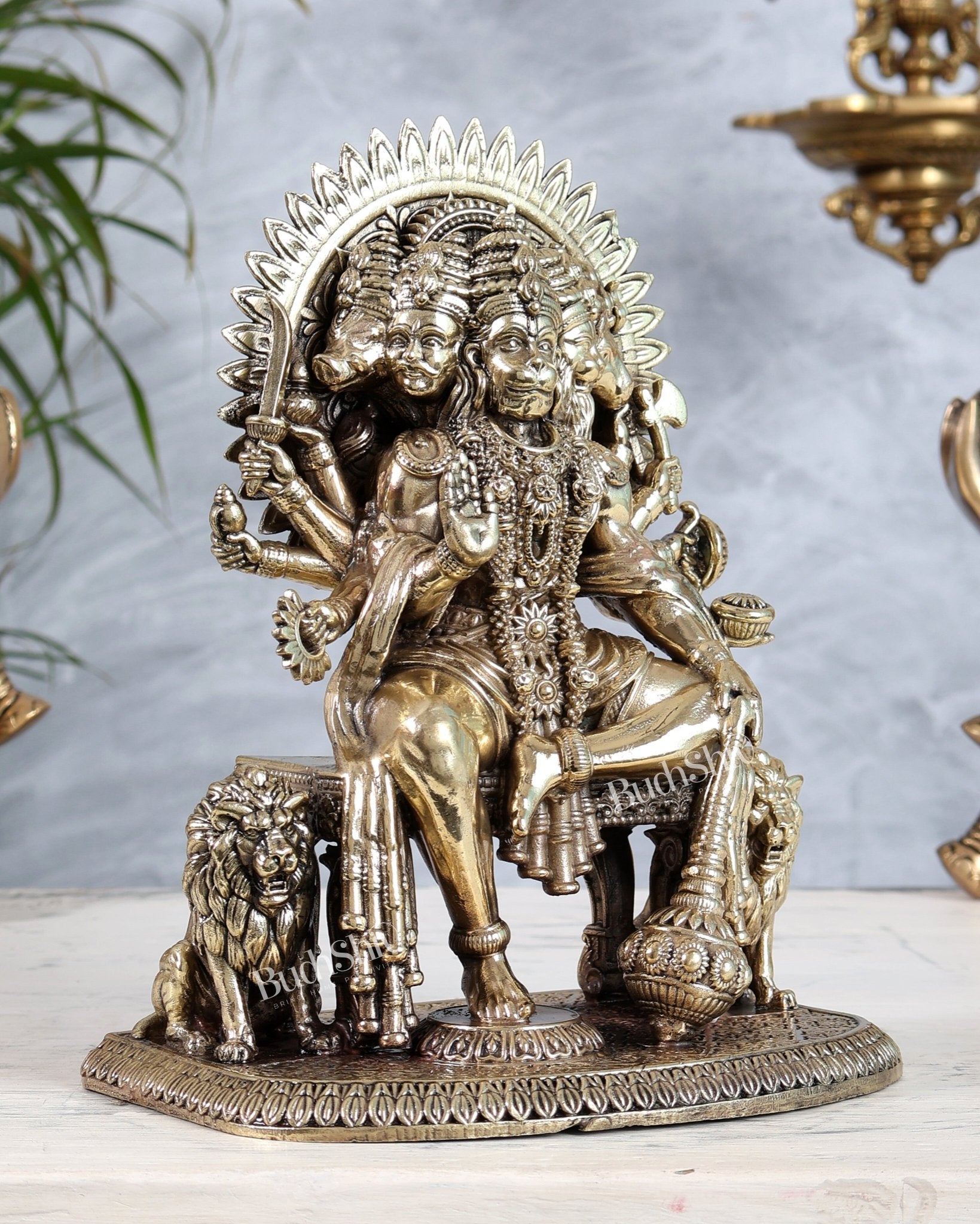 Brass Panchmukhi Hanuman Idol Sitting on Throne intricate 8 inch - Budhshiv.com