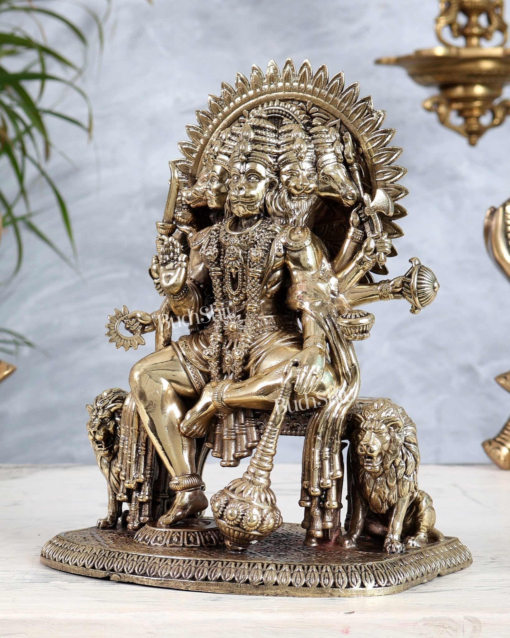 Brass Panchmukhi Hanuman Idol Sitting on Throne intricate 8 inch - Budhshiv.com