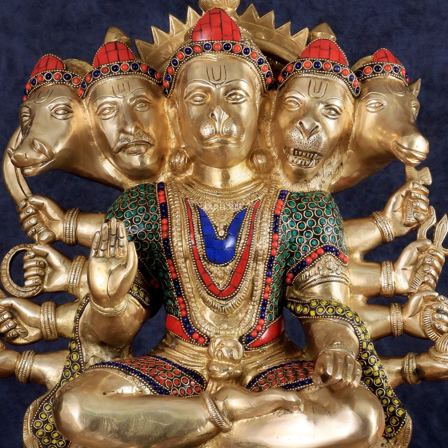 Brass Panchmukhi Hanuman large Idol 17 inch with stonework - Budhshiv.com