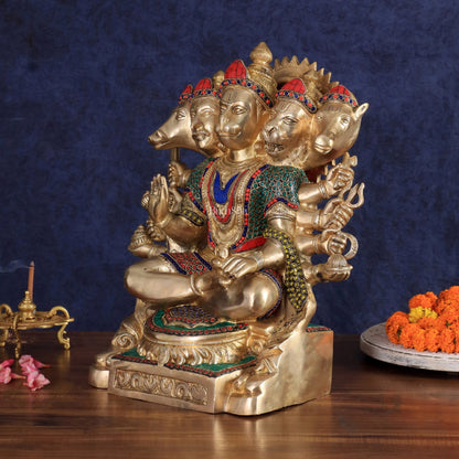Brass Panchmukhi Hanuman large Idol 17 inch with stonework - Budhshiv.com