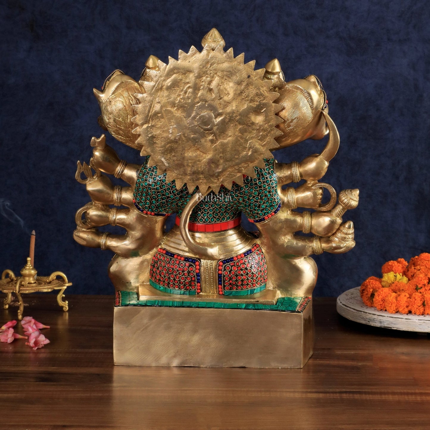 Brass Panchmukhi Hanuman large Idol 17 inch with stonework - Budhshiv.com
