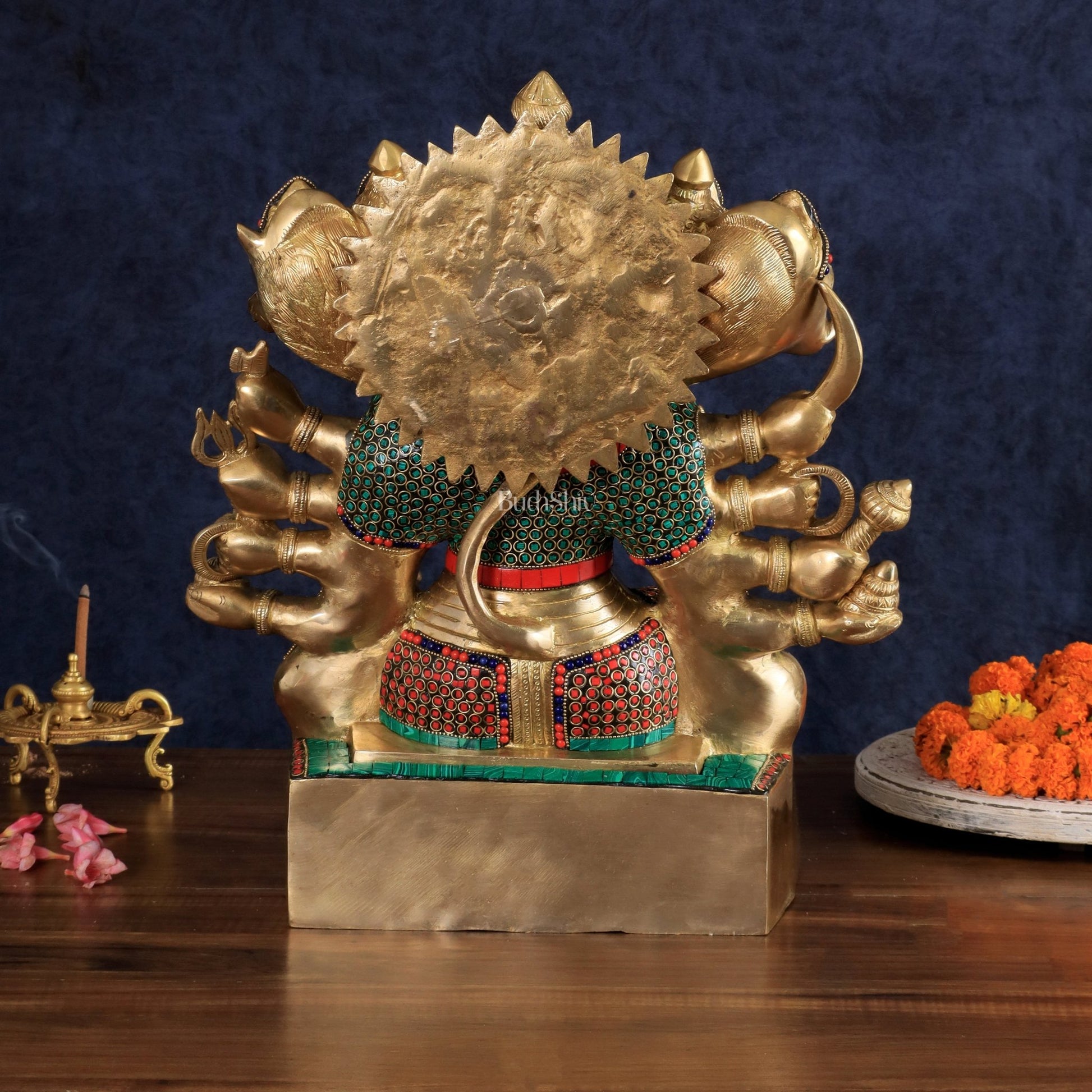 Brass Panchmukhi Hanuman large Idol 17 inch with stonework - Budhshiv.com