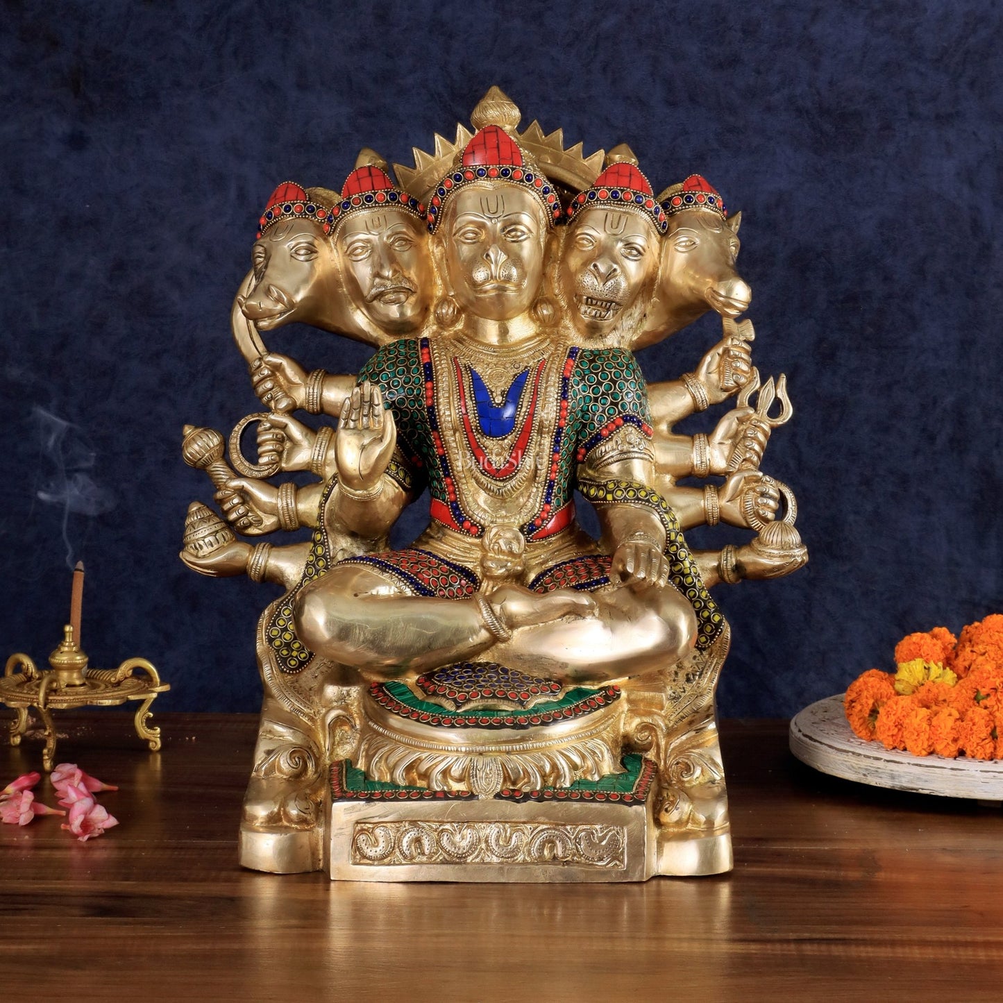 Brass Panchmukhi Hanuman large Idol 17 inch with stonework - Budhshiv.com