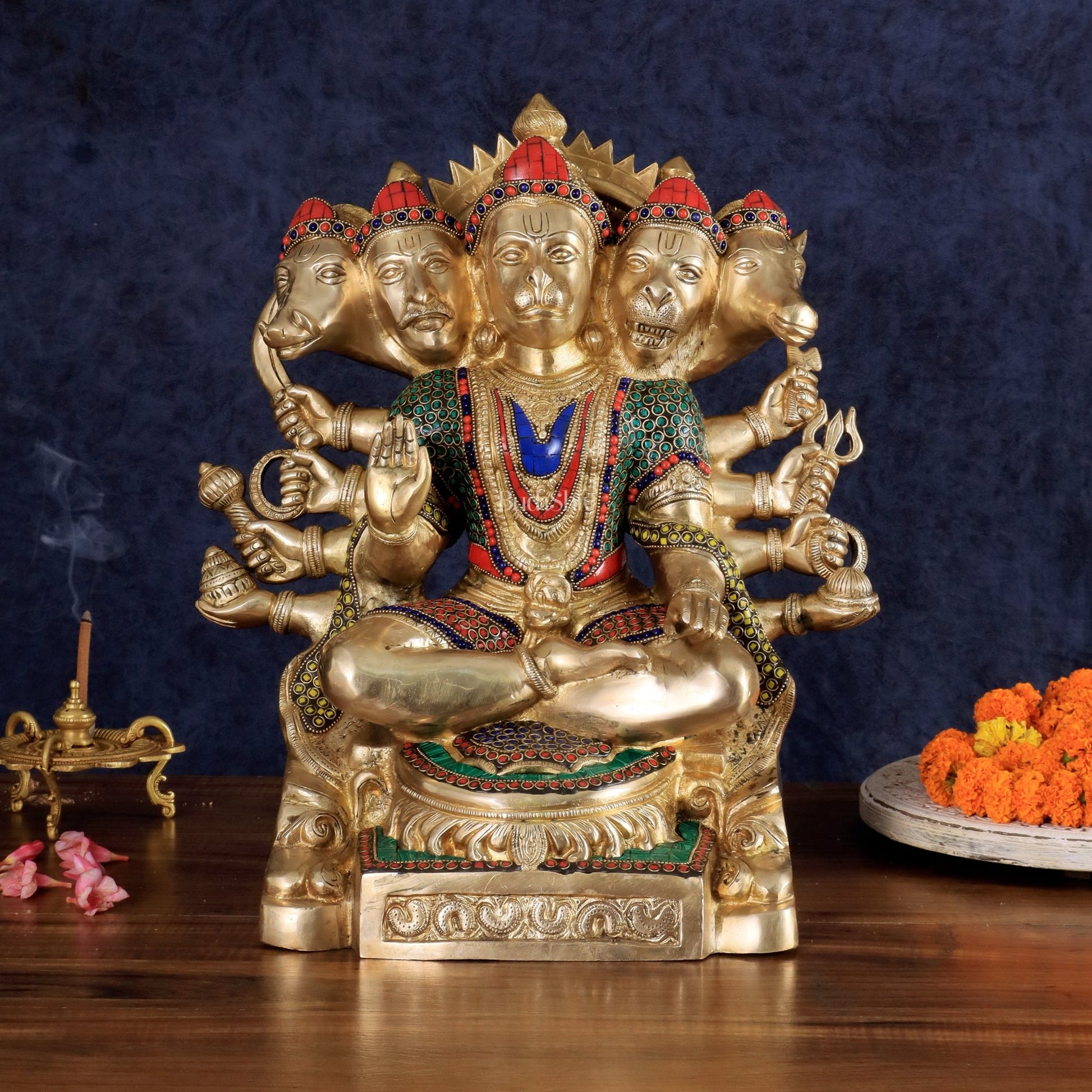 Brass Panchmukhi Hanuman large Idol 17 inch with stonework - Budhshiv.com