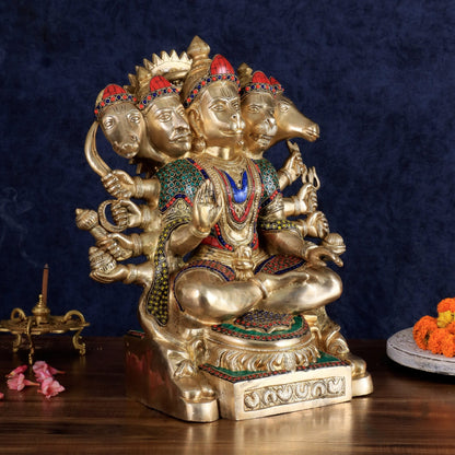Brass Panchmukhi Hanuman large Idol 17 inch with stonework - Budhshiv.com