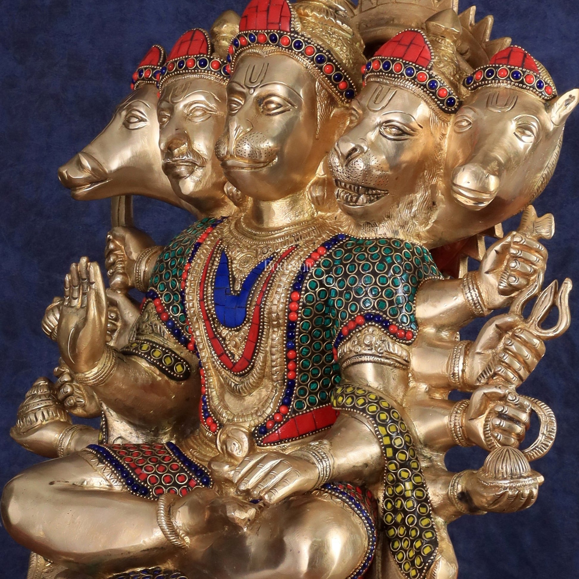 Brass Panchmukhi Hanuman large Idol 17 inch with stonework - Budhshiv.com