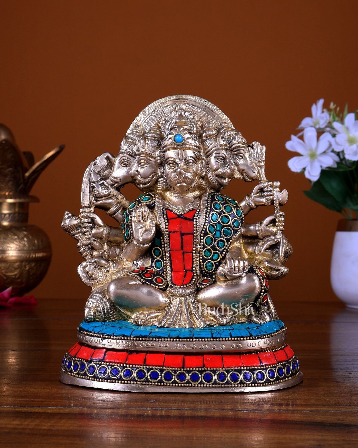 Brass Panchmukhi Hanuman Murti - 6.5 inch with Stonework - Budhshiv.com