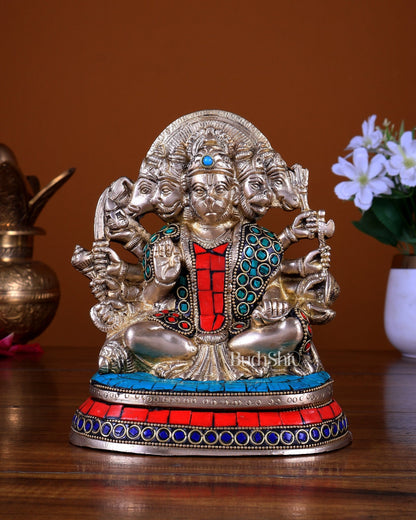 Brass Panchmukhi Hanuman Murti - 6.5 inch with Stonework - Budhshiv.com