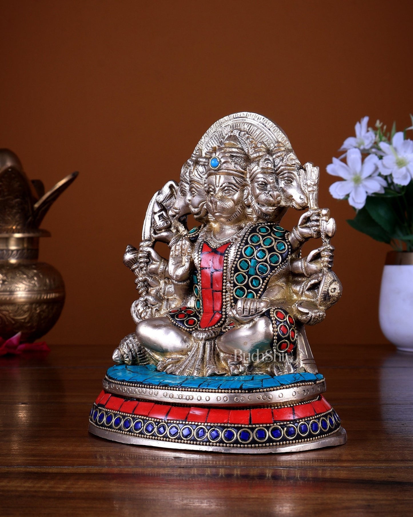 Brass Panchmukhi Hanuman Murti - 6.5 inch with Stonework - Budhshiv.com