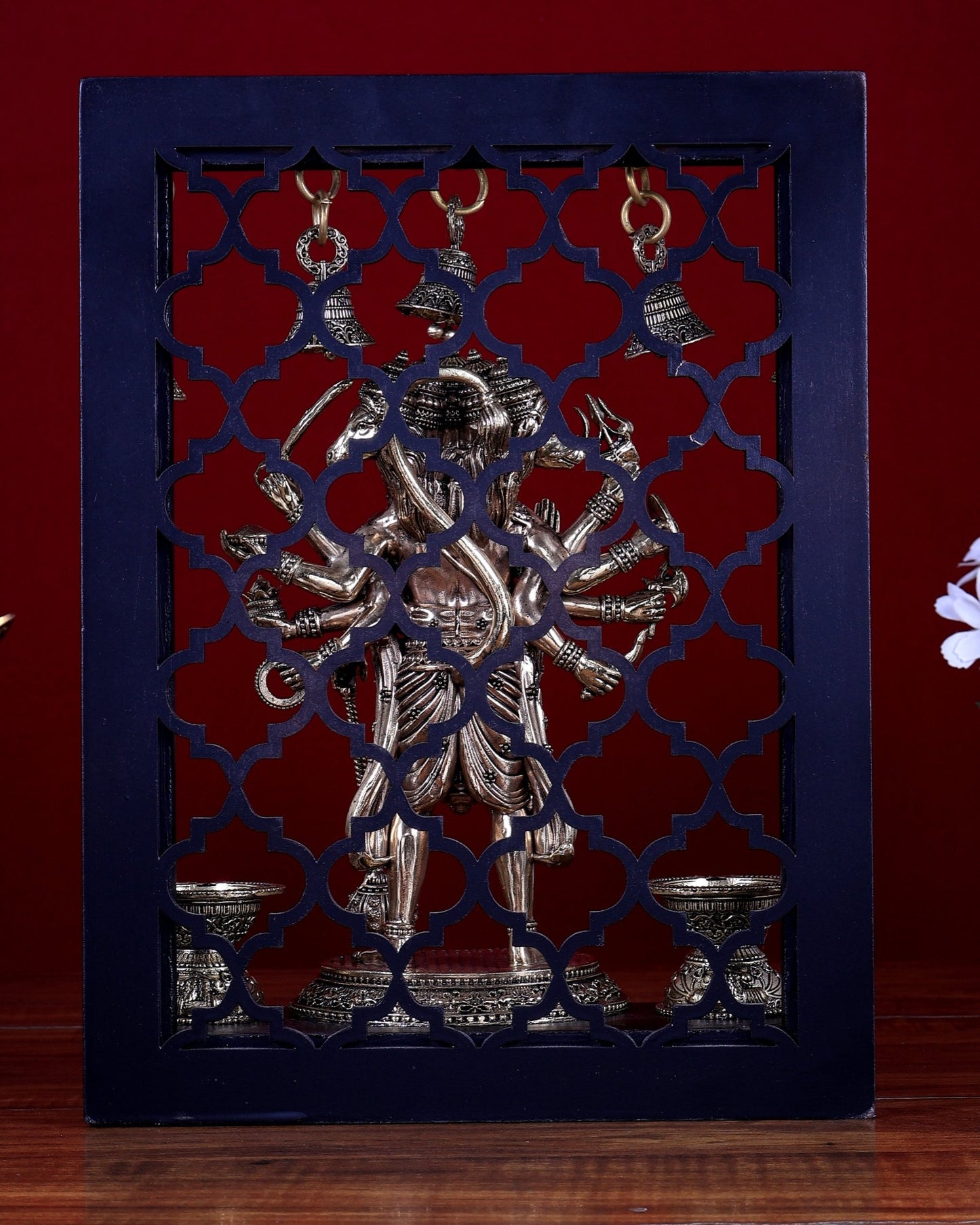 Brass Panchmukhi Hanuman on Temple Frame with Diyas & Bells 12 inch - Budhshiv.com